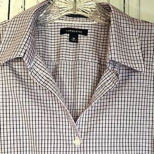 Lands' End Womens No Iron Lavender Plaid 3/4 Sleeve Button-up Cotton Blouse 16